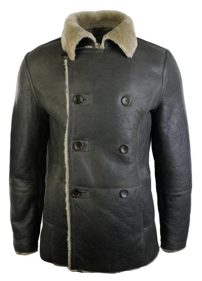 Mens Real Shearling German Navy Sheepskin Double Breasted Jacket Vintage Brown - Knighthood Store
