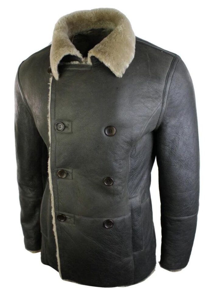 Mens Real Shearling German Navy Sheepskin Double Breasted Jacket Vintage Brown - Knighthood Store