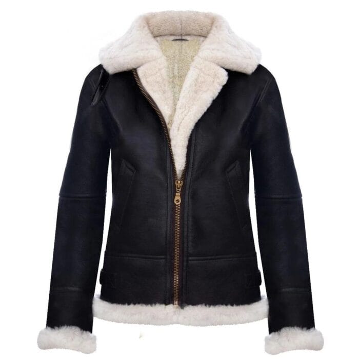 Giacca da aviatore da donna in vera pelle di montone con cappuccio, bianca e marrone - Knighthood Store