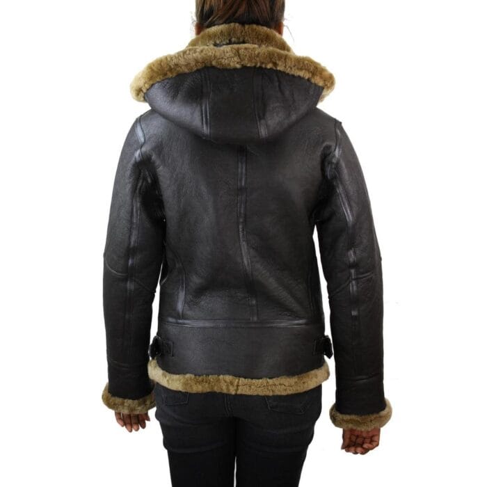 Giacca da aviatore da donna in vera pelle di montone shearling con cappuccio, modello Ginger - Knighthood Store