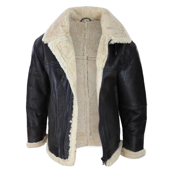 Mens Brown Real Sheepskin Flying Jacket Zipped Cream Fur Classic WW2 Pilot Military - Knighthood Store