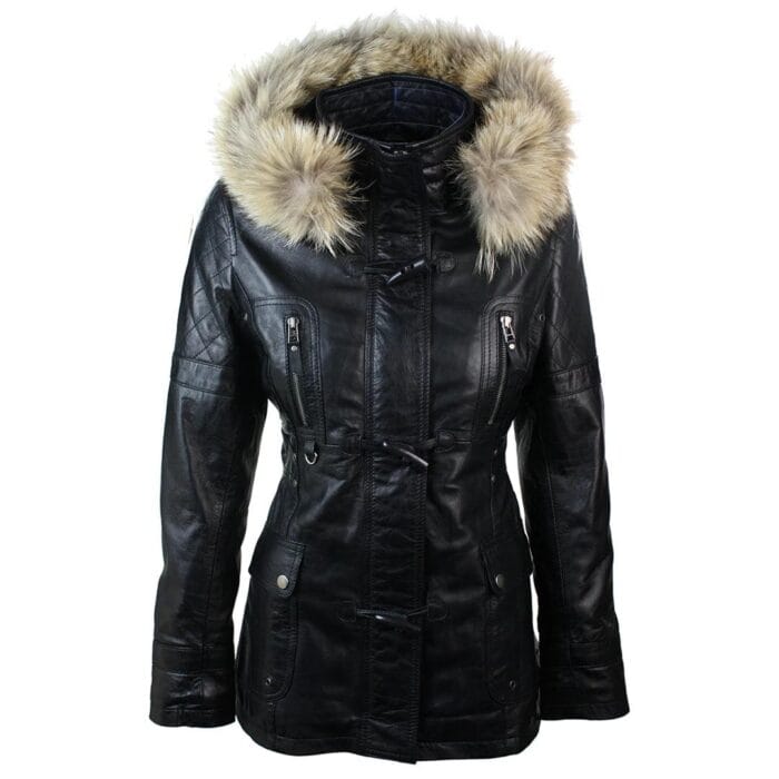Damen Echtleder Trenchcoat Schwarz Mittellang Winter Retro Dufflecoat mit Kapuze - Knighthood Store