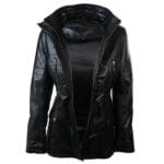 Trench mi-long à capuche en cuir véritable noir pour femme - Knighthood Store