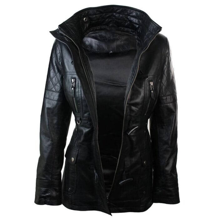 Damen Echtleder Trenchcoat Schwarz Mittellang Winter Retro Dufflecoat mit Kapuze - Knighthood Store