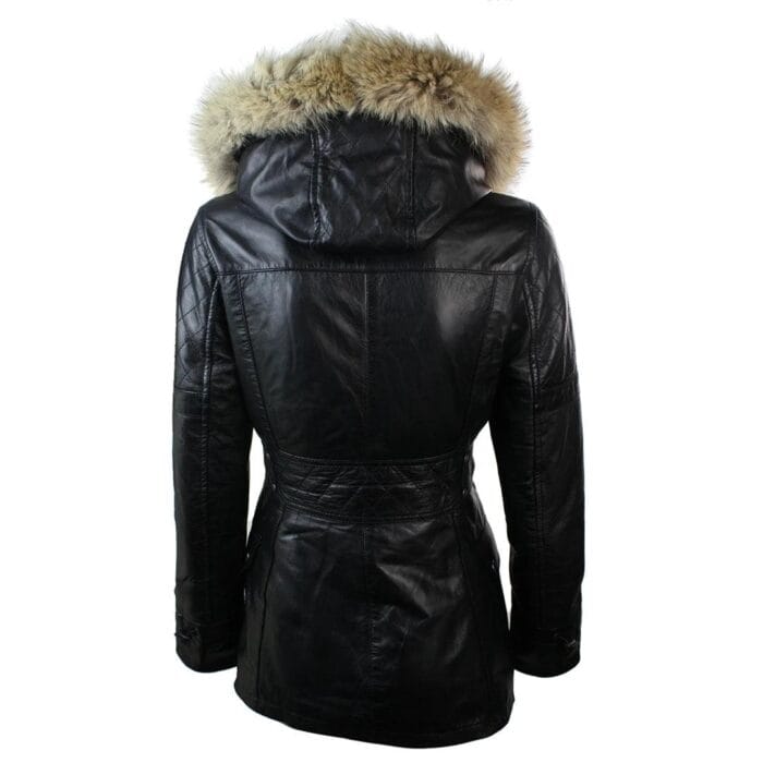 Damen Echtleder Trenchcoat Schwarz Mittellang Winter Retro Dufflecoat mit Kapuze - Knighthood Store