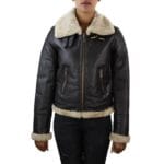 Giacca da donna in vera pelle di pecora, marrone beige, in pelliccia, da aviatore - Knighthood Store