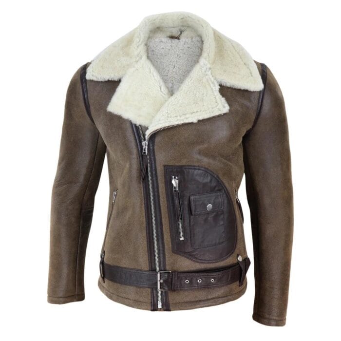 Mens Vintage Real Sheepskin Cross Zip Flying Jacket Pilot Flight Belt Fit Brando - Knighthood Store
