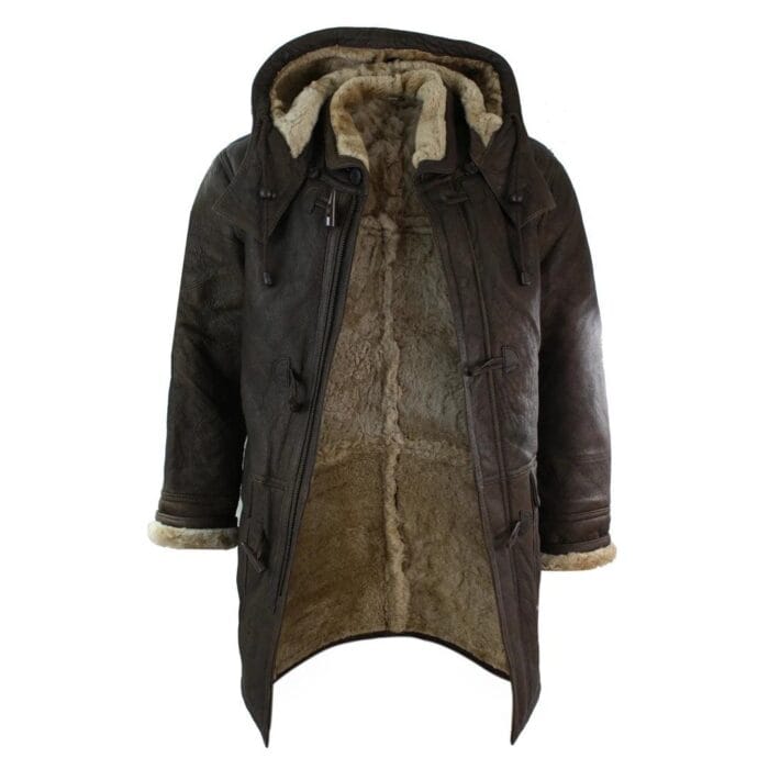 Mens Winter Real Sheepskin Leather Duffle Safari Jacket Tan ginger & Ginger Hood - Knighthood Store