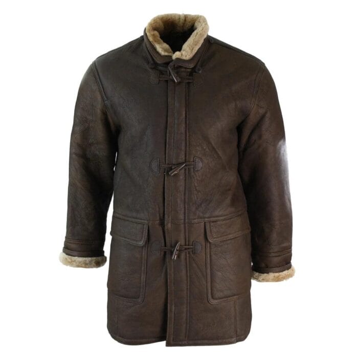 Mens Winter Real Sheepskin Leather Duffle Safari Jacket Tan ginger & Ginger Hood - Knighthood Store