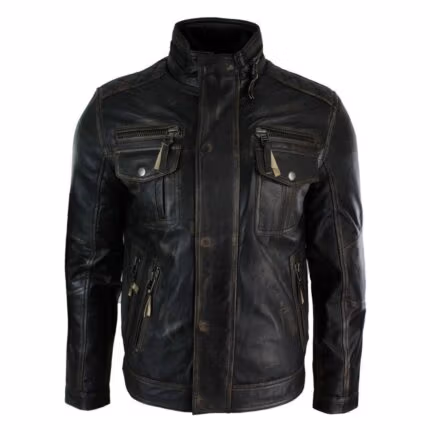 Mens Distressed Ruboff Black Brown Vintage Retro Military Leather Jacket Casual - Knighthood Store