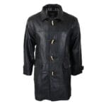 Mens Black Real Leather Duffle Jacket Coat Toggle Classic Fisherman Hooded 3/4 - Knighthood Store