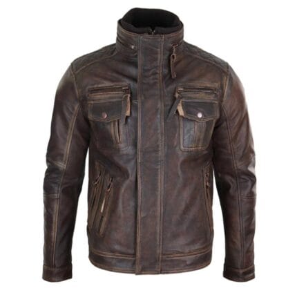 Chaqueta motera de cuero genuino desgastado para hombre, color marrón vintage - Knighthood Store