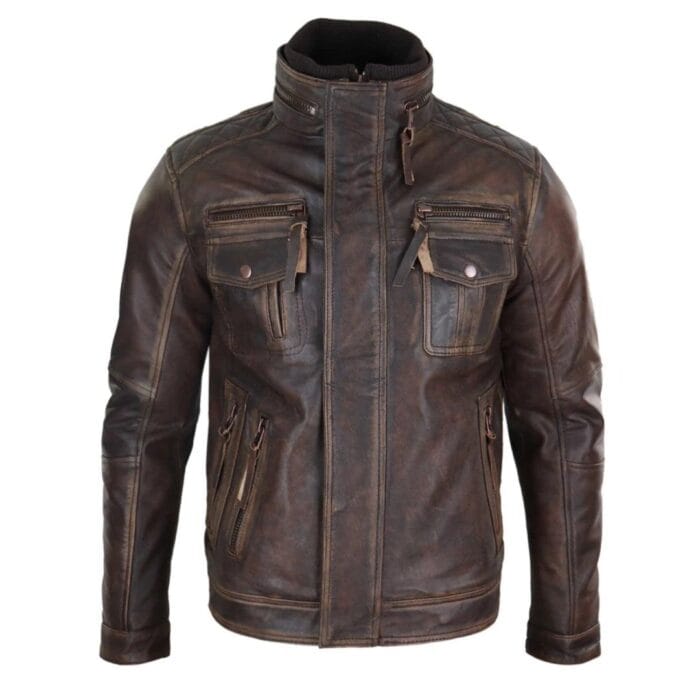 Giacca da motociclista in vera pelle anticata da uomo, marrone vintage - Knighthood Store
