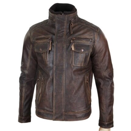 Chaqueta motera de cuero genuino desgastado para hombre, color marrón vintage - Knighthood Store