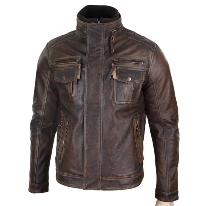 Giacca da motociclista in vera pelle anticata da uomo, marrone vintage - Knighthood Store