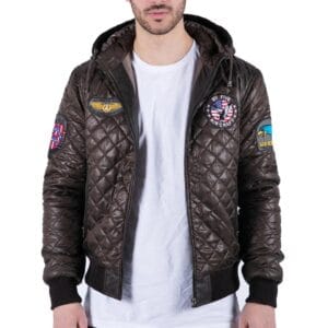 Gesteppte Pufferjacke mit Kapuze für Herren, braunes Bomberabzeichen, Pilotenabzeichen, Air Force – Knighthood Store