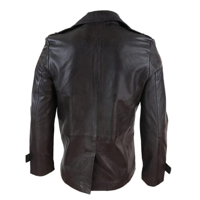 Mens Real Leather 3/4 Double Breasted Pea Coat Sherlock Brown Sailor Classic - Knighthood Store