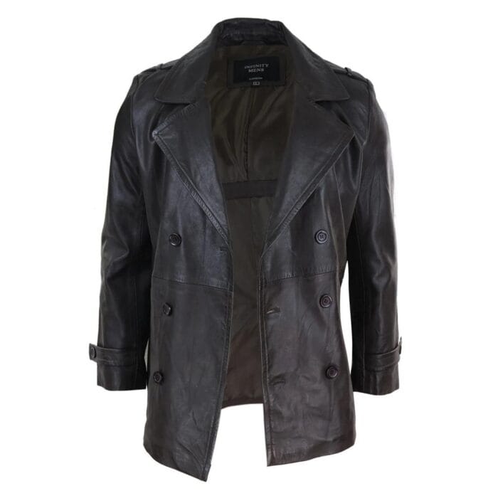 Mens Real Leather 3/4 Double Breasted Pea Coat Sherlock Brown Sailor Classic - Knighthood Store