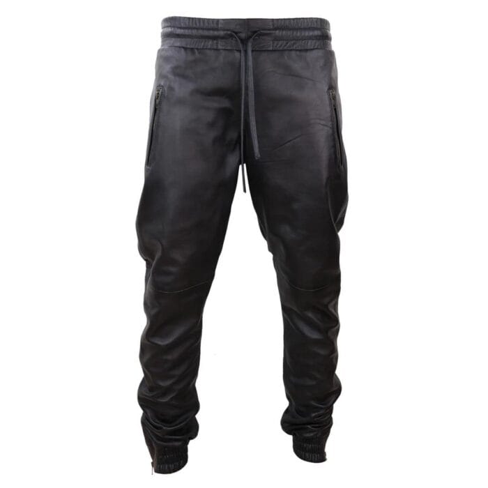 Mens Real Leather Jogger Jeans Trousers Elasticated Casual - Knighthood Store