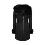 Cappotto 3/4 da donna in vera pelle di pecora, esterno in morbida pelle scamosciata nera, aderente, in lana merino - Knighthood Store