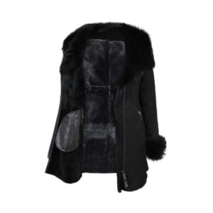Damen 3/4-Mantel aus echtem Schaffell, schwarz, weiches Wildleder, tailliert, Merino – Knighthood Store