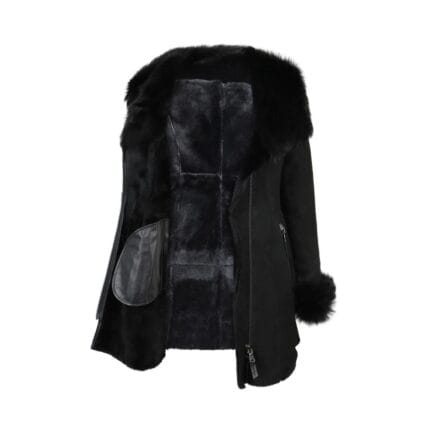 Cappotto 3/4 da donna in vera pelle di pecora, esterno in morbida pelle scamosciata nera, aderente, in lana merino - Knighthood Store