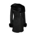 Cappotto 3/4 da donna in vera pelle di pecora, esterno in morbida pelle scamosciata nera, aderente, in lana merino - Knighthood Store