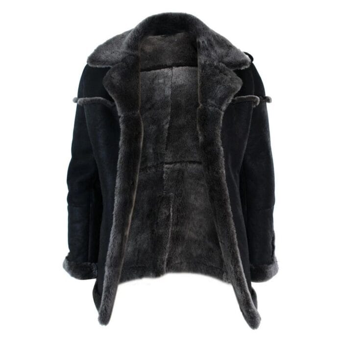 Mens Double Breasted Real Sherling Navy Captain Sheepskin Jacket Belted Grey Black - Knighthood Store