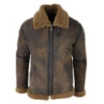 Chaqueta de aviador de piel de oveja auténtica marrón desgastada para hombre, clásica de invierno con cremallera y pelo de camello - Knighthood Store