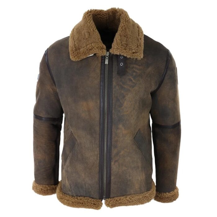 Chaqueta de aviador de piel de oveja auténtica marrón desgastada para hombre, clásica de invierno con cremallera y pelo de camello - Knighthood Store