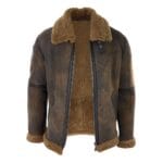 Chaqueta de aviador de piel de oveja auténtica marrón desgastada para hombre, clásica de invierno con cremallera y pelo de camello - Knighthood Store