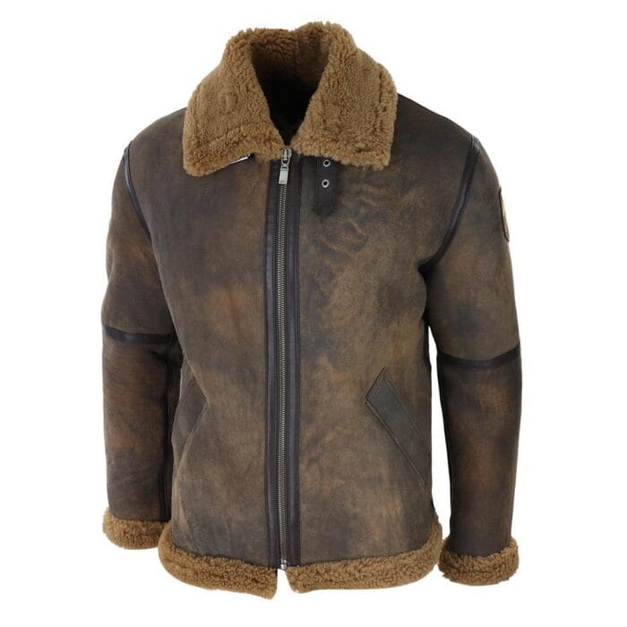 Chaqueta de aviador de piel de oveja auténtica marrón desgastada para hombre, clásica de invierno con cremallera y pelo de camello - Knighthood Store