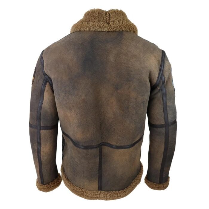 Chaqueta de aviador de piel de oveja auténtica marrón desgastada para hombre, clásica de invierno con cremallera y pelo de camello - Knighthood Store