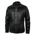 Mens Retro Vintage Distressed Jacket Real Washed Leather Brown Black Rub Off - Knighthood Store