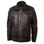 Mens Retro Vintage Distressed Jacket Real Washed Leather Brown Black Rub Off - Knighthood Store