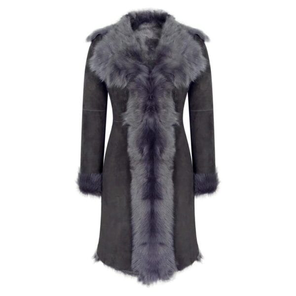 Abrigo de piel de oveja auténtica Toscana, de ante, negro y gris, 3/4, para mujer, corte entallado - Knighthood Store
