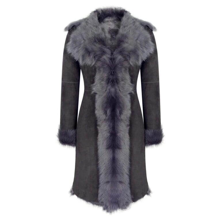 Schwarz-grauer 3/4-Länge Damen-Wildledermantel aus echtem Toscana-Schaffell, maßgeschneiderte Passform – Knighthood Store