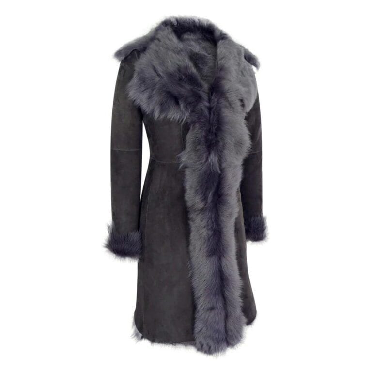 Schwarz-grauer 3/4-Länge Damen-Wildledermantel aus echtem Toscana-Schaffell, maßgeschneiderte Passform – Knighthood Store