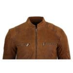 Mens Real Suede Leather Retro Vintage Camel Zip Biker Racing Jacket Washed Nehru Collar - Knighthood Store