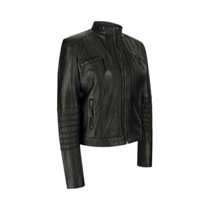 Chaqueta de motociclista vintage de piel auténtica para mujer, con cremallera y cuello Nehru, estilo japonés - Knighthood Store