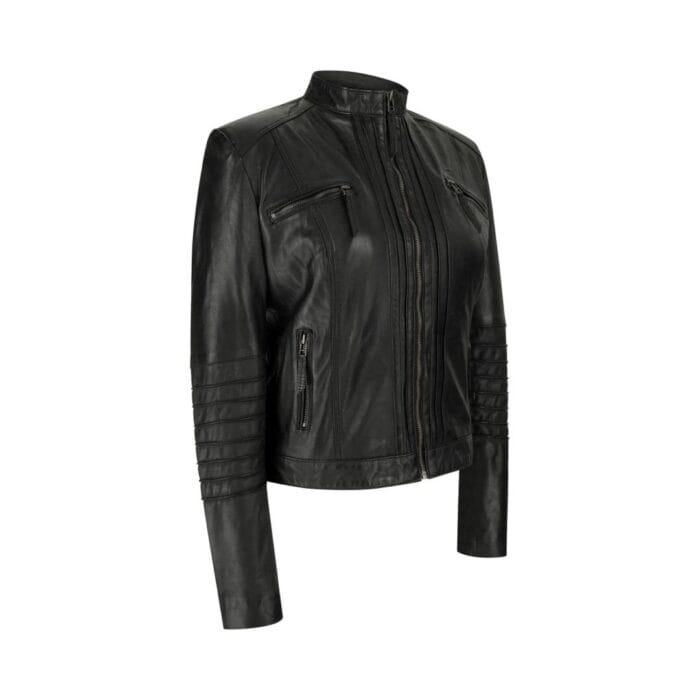 Veste motard vintage en cuir véritable pour femme, coupe zippée, col Nehru, style japonais - Knighthood Store