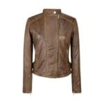 Chaqueta de cuero auténtico para mujer, con cremallera cruzada, cuello Nehru Brando, suave, ajustada y sin cuello - Knighthood Store
