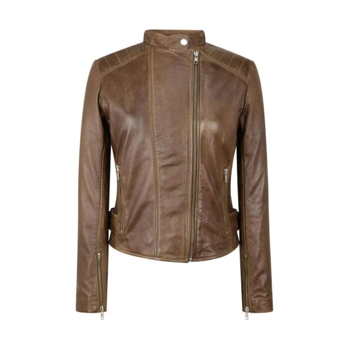 Damen Echtlederjacke mit Querreißverschluss Brando Nehru Kragenlos Weich Slim Fit - Knighthood Store