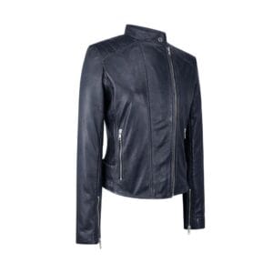 Chaqueta de cuero auténtico para mujer, con cremallera cruzada, cuello Nehru Brando, suave, ajustada y sin cuello - Knighthood Store