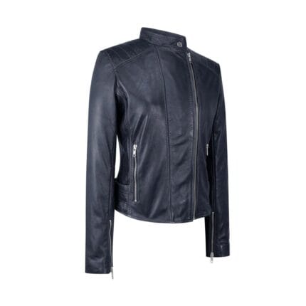 Damen Echtlederjacke mit Querreißverschluss Brando Nehru Kragenlos Weich Slim Fit - Knighthood Store