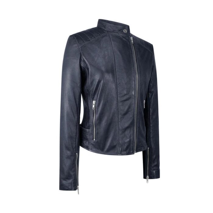 Damen Echtlederjacke mit Querreißverschluss Brando Nehru Kragenlos Weich Slim Fit - Knighthood Store