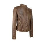 Chaqueta de cuero auténtico para mujer, con cremallera cruzada, cuello Nehru Brando, suave, ajustada y sin cuello - Knighthood Store