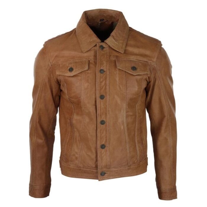 Mens Vintage Retro Jeans Jacket Style Real Leather Short Washed Biker - Knighthood Store