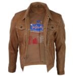 Mens Vintage Retro Jeans Jacket Style Real Leather Short Washed Biker - Knighthood Store