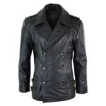 Mens Mid Length German Sailors Marine Goth Punk Double Breasted Real Leather Jacket - Knighthood Store